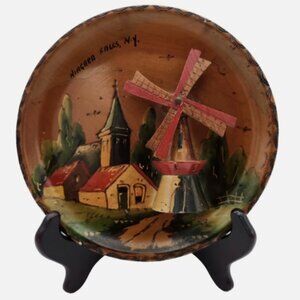 Vintage Hand Painted Dutch WINDMILL PLATE Wood Wall Hanging 7" Holland Made 2143